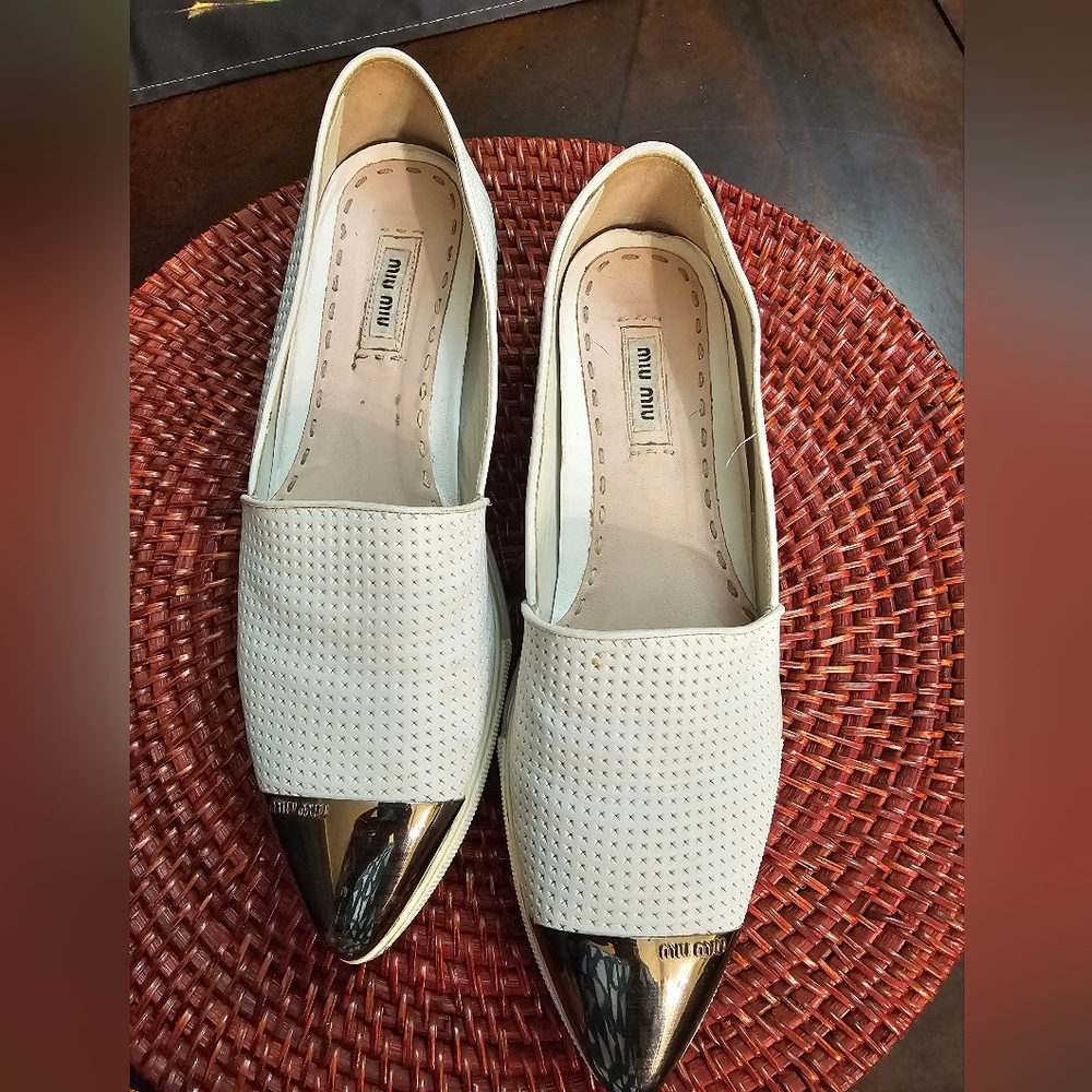 Miu Miu Perforated  White Leather Flats with Silver Toe